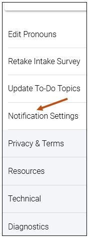 Screenshot of Account Menu Options Mobile App. 