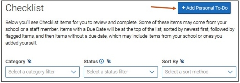 Screenshot of main Checklist page where you can select the Add a Personal To-Do button and create your own Personal To-Do. 
