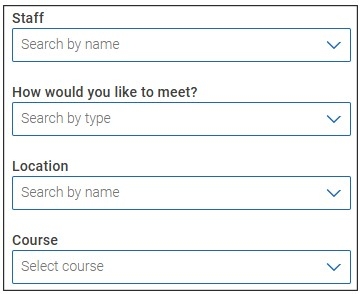 Screenshot of additional drop-down menu filters where, if you wish, you can choose a specific staff member, select your meeting type, location, and course. 