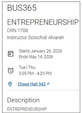 Screenshot of additional course information. You can view the course title, instructor name, term dates, day and time, location of your course, and any description.