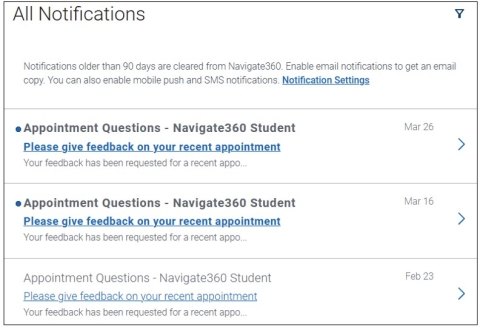 Screenshot of all your notifications. On this screen, you can view all your notifications by selecting the link. A dot indicates that a notification has not been read. Notifications older than 90 days are cleared from Navigate360. Enable email notifications to get an email copy. You can also enable mobile push and SMS notifications.