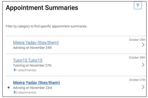 Screenshot of a list of Appointment Summaries staff have made visible to the student displays. Select one to view details. 
