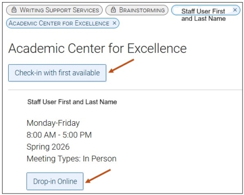 Screenshot of Check-in with first available button and Drop-in online button.