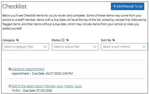 Screenshot of Checklist screen. There are three drop-down menus: Category, Status, and Sort By. You can also view any upcoming appointments, any To-Do items, Tips and Events, as well as Journeys. You can also select the Add Personal To-Do button to create your own personal To-Do.