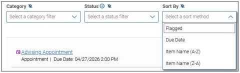 Screenshot of the Sort By drop-down menu where you can sort by Flagged, Due Date, Item Name (A-Z), or Item Name (Z-A).