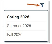 Screenshot of Class Schedule filter options. Students can use the filter in the upper right-hand corner to change the term and see courses for any other term in which they are actively registered.