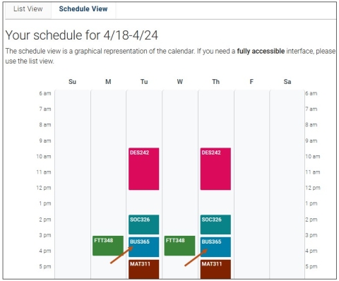 Screenshot of class schedule Schedule View.