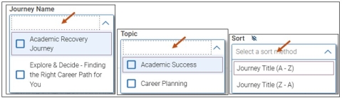 Screenshot of Explore All Journeys filter options. Students can filter based on the Journey Name, Topic, and Sort by Journey Title (A-Z), (Z-A).