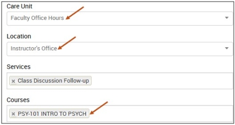 Screenshot of Faculty Office Hours Care Unit where you select the course(s) that you are teaching so students taking your course(s) can schedule appointments with you.