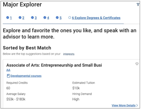 Screenshot of the students’ best-fit major suggestions offered at your institution. Students can explore and favorite the ones they like and speak with their academic advisor to learn more. You can favorite a major by selecting the heart icon.