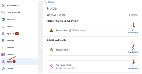 Screenshot of Holds Center screen. On the Student Desktop Site only, the number next to the Hold icon indicates the number of holds you have on your account. When you select the Holds icon, you can select the View Details arrow to view additional details on how you can resolve your hold.