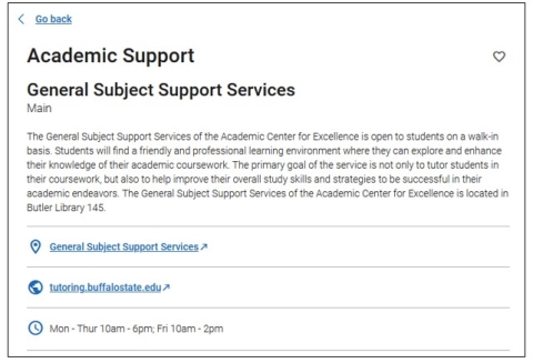 Screenshot of General Subject Support Services screen where you can read an overview of the services offered, URL website, and the days and time the office is open.