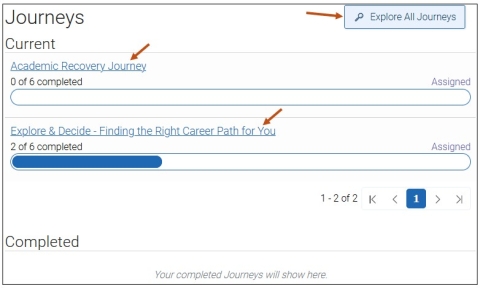 Screenshot of the main Journeys page. Students can select the Journey name link to start completing the Journey steps. Completed Journeys will show in the Completed section. Also, If a student wants to add a Journey, they can explore other Journeys created and published by selecting the Explore All Journeys button.