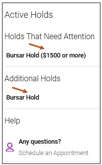 Screenshot from your mobile app of any Active Holds. If you select the hold name, you can review additional information about the hold. Also, if you need help or have any questions, you can select the any questions link and follow the prompts to schedule an appointment.