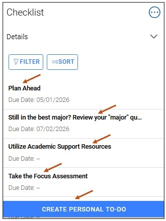 Screenshot of Checklist items that you can select. Filter and sort buttons are available. You can also select the Create Personal To-Do button to create your own personal to-do.