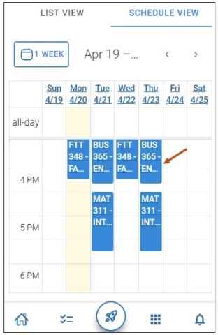 Screenshot of mobile class schedule Schedule View.