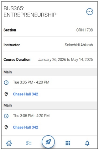 Screenshot of mobile where you can view additional course information. You can view the course title, instructor name, term dates, day and time, location of your course, and any description.