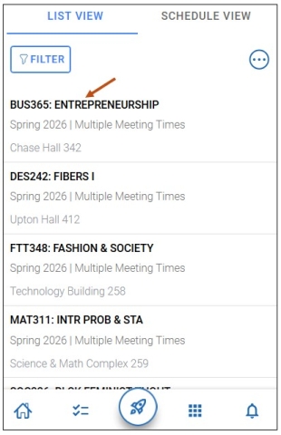 Screenshot of mobile list view of Class Schedule. You can select the filter button to select your desired term. You may also select the course to view instructor name, term dates, day and time, and location of your course.