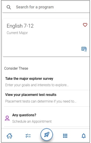 Mobile Major Explorer Main Screen Screenshot. You can select View Details to: 1. Take the Major Explorer survey, or 2) Schedule an Appointment. The View your Placement Test results is no longer available.
