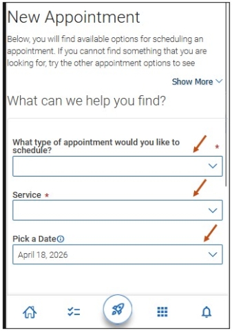 Screenshot of mobile New Appointment screen. Complete the three drop-down menu options and follow the prompts to schedule an appointment.