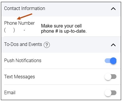Screenshot of your mobile Notification Settings screen where you can Update Your Contact Information and To-Dos and Events. Select whether you want Push Notifications, Text Messages, or Email. You may select more than one option.
