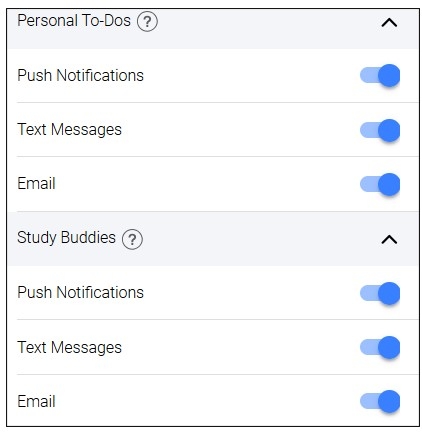 Screenshot of your mobile Notification Settings screen where you can update your Personal To-Dos and Study Buddies. Select whether you want Push Notifications, Text Messages, or Email. You may select more than one option.