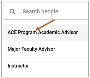 Screenshot from your mobile app of the People page in Resources where contact information for assigned staff and faculty (Academic Advisor(s) and course instructors) can be found. If your staff and faculty have entered pronouns, this shows on the People page. If Meeting Type is enabled, Meeting Type also displays on this page. You may also search for your assigned advisor or course instructor in the search bar.