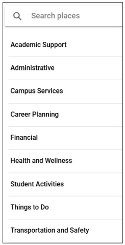 Screenshot of your Resources \ Places screen on your Navigate Student mobile app. This is a directory for you to learn about physical and digital resources that are critical to your success. You can select any category listed and be taken to Resources listed under that category. For example, if you select the Academic Support category, you can view the following Resources: General Subject Support Services, Math Support Services, and Writing Support Services.