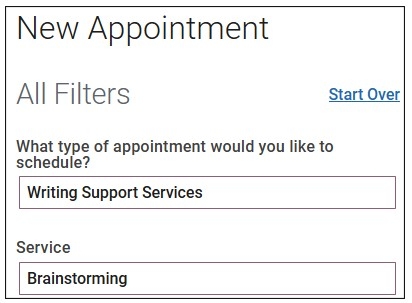 Screenshot of the type of appointment you would like to schedule and your service screen.