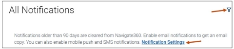 Screenshot of your Navigate Student Desktop Site Notification Settings link. Once you select your Notification Settings link, you can do the following: Update Your Contact Information, To-Dos and Events, Personal To-Dos. Study Buddies, Surveys, Journey Assignment, and Journey Steps. Select whether you want Push Notifications, Text Messages, or Email. You may select more than one option. There is also a filter option where you can filter the notification by type.