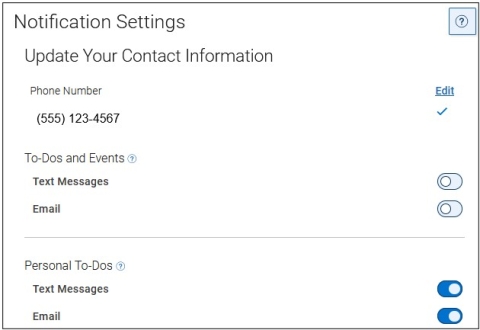 Screenshot of your Navigate Student Desktop site Notification Settings screen where you can Update Your Contact Information, To-Dos and Events, and Personal To-Dos. Select whether you want Push Notifications, Text Messages, or Email. You may select more than one option.