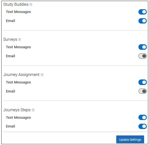Screenshot of your Navigate Student Desktop site Notification Settings screen where you can Update Your Study Buddies and Journeys Steps. Select whether you want Text Messages, or Email. You may select more than one option.