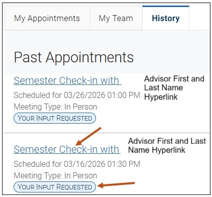 Screenshot of your Past Appointments. Selecting the Semester Check-in with Your Academic Advisor hyperlink allows you to view the appointment details for that appointment. You may also select the following button: YOUR INPUT REQUESTED. Please select YOUR INPUT REQUESTED button and complete a short survey by providing us with feedback on your recent appointment with your academic advisor.