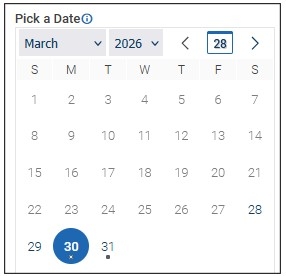 Screenshot of Pick a Date screen.