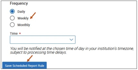 Screenshot of Saved Report Settings Frequency section. Remember to select the Save Scheduled Report Rule button.