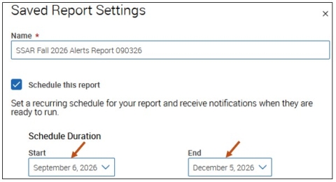 Screenshot of Saved Report Settings Schedule Duration section.