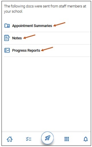 Screenshot of all your documents inside your My Docs. On this screen, you can view your Appointment Summaries, Notes, and Progress Reports. You can select the following: Appointment Summaries, Notes, and Progress Reports to view more information.