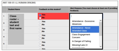 Screenshot of selecting an Alert reason on your Student Feedback Screen.
