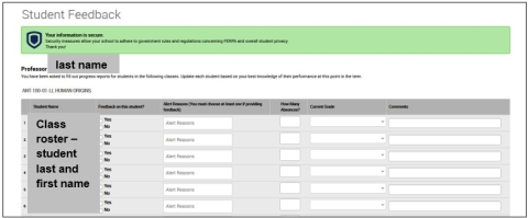 Screenshot of your Student Feedback Screen. This is where you can view your entire class roster and raise alerts, if necessary. Please complete all information in each column. When an Alert is raised via a Progress Report, students can now view comments, if provided by their instructor.