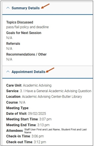 Screenshot of Summary Details and Appointment Details of appointment. Staff responses to any template questions are also included.