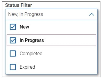 Screenshot of Status Filter options screen. You can select the following: New, In Progress, Completed, and Expired.