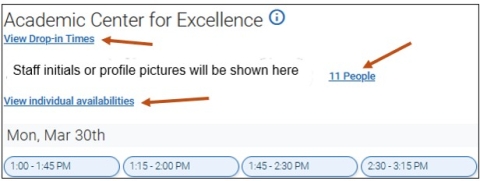 Screenshot of selecting the # People hyperlink, selecting View Drop-in Times hyperlink, or selecting the View Individual Availabilities hyperlink.