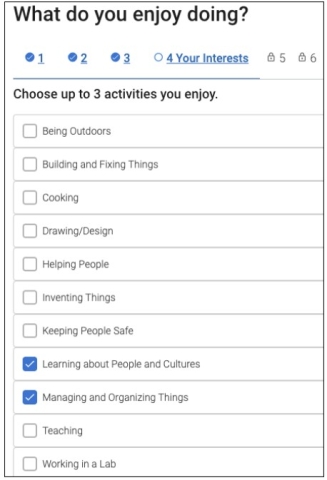 Screenshot of What do you enjoy doing screen. Choose up to three activities that you enjoy from a preset list. Then select the Next button to proceed.