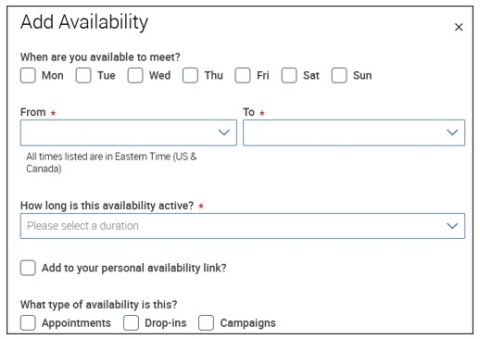 Screenshot of your Add Availability screen. This is where you create your Availability by completing all the necessary fields.