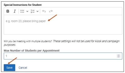 Screenshot of your Add Availability screen Special Instructions and Save button.