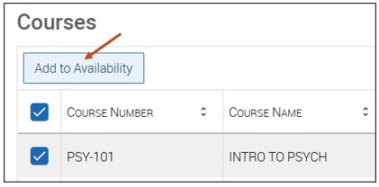 Screenshot of placing a check mark next to the course(s) you would like to add to your Availability. Then select the Add to Availability button.