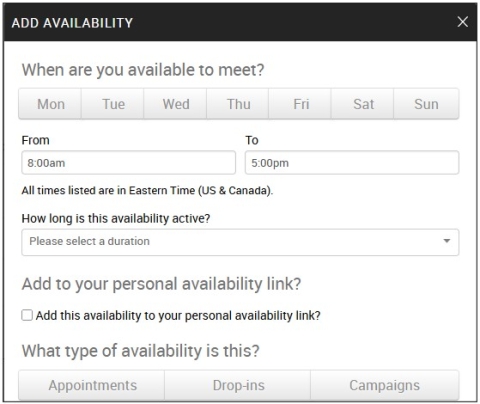 Screenshot of your My Availability screen. This is where you create your Availability by completing all the necessary fields.