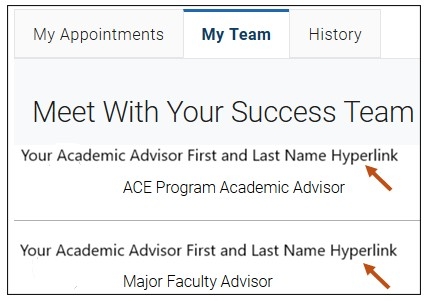 Screenshot of your My Team, Meet with Your Success Team screen where you can select your academic advisor's hyperlink and schedule an appointment with them by following the prompts.