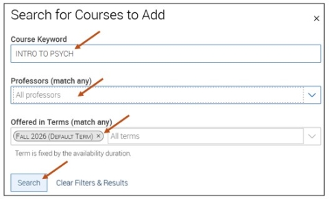 Screenshot of Search for Courses to Add screen where instructors can search for their course(s) to add to their Availability.
