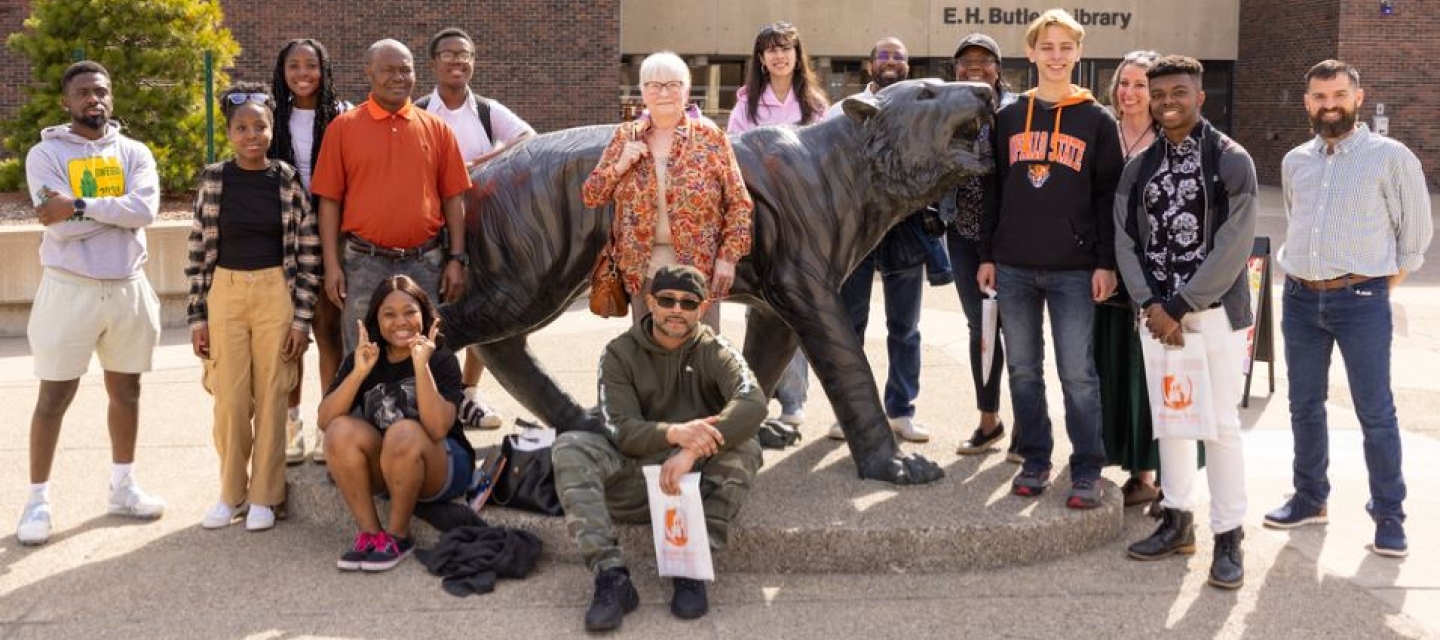 Students Standing in Front of the Bengal in the Quad